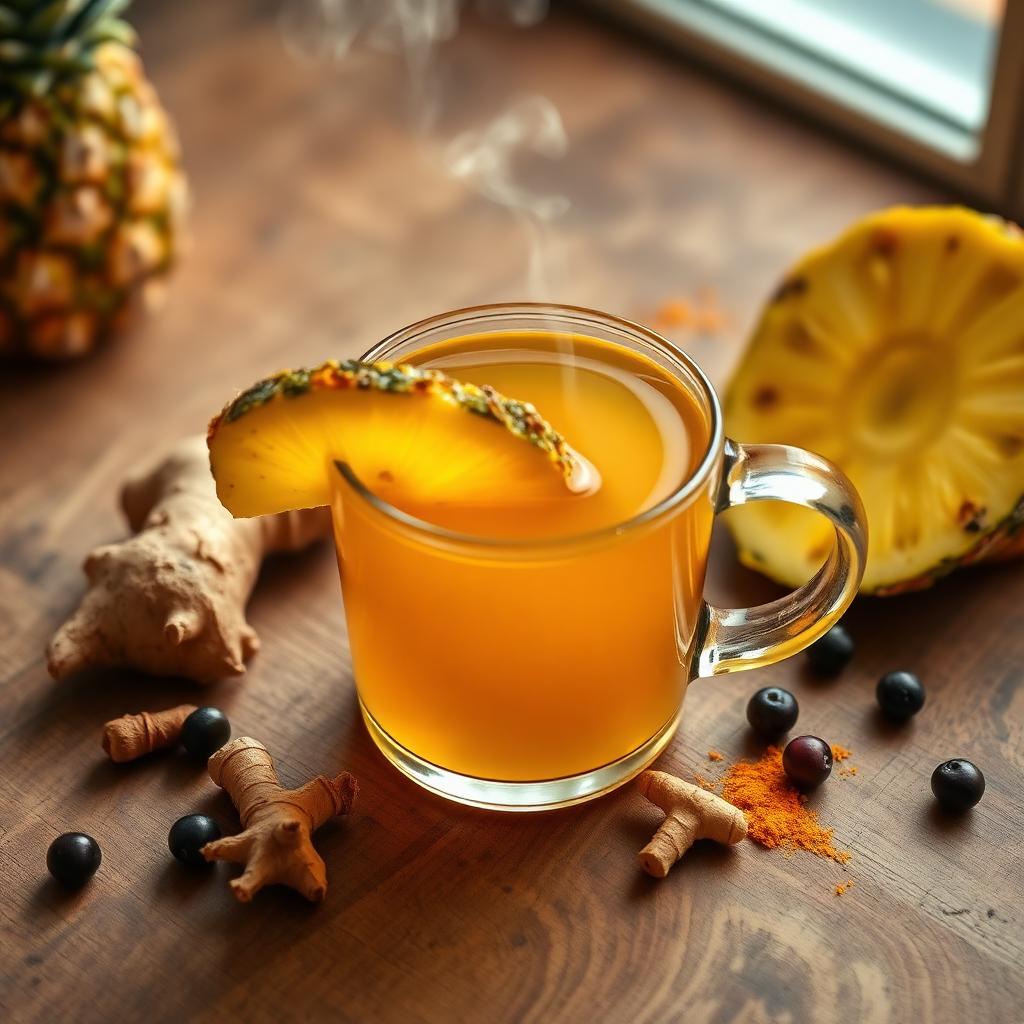 Warm golden turmeric-ginger detox tea with pineapple garnish