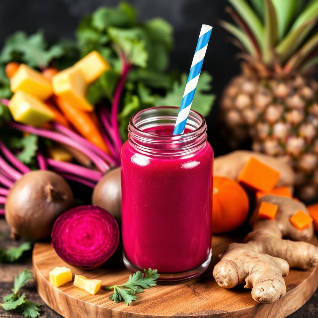 Vibrant magenta beet, carrot, pineapple, and ginger smoothie in a jar