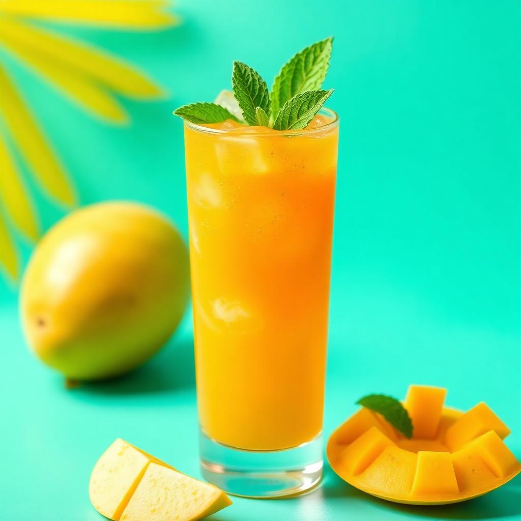 Chilled mango soursop refresher with mint on a turquoise background