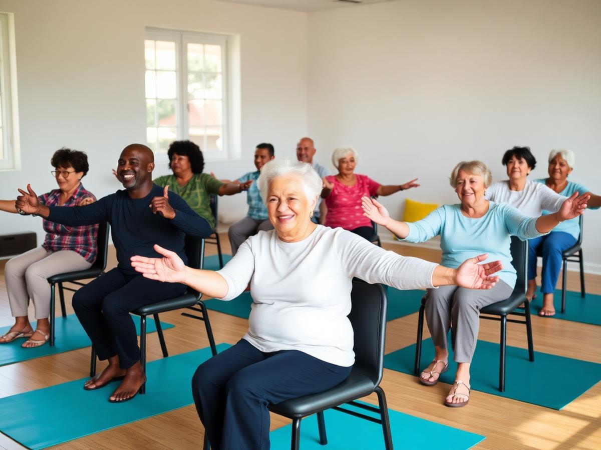 Seniors enjoying chair aerobics and yoga
