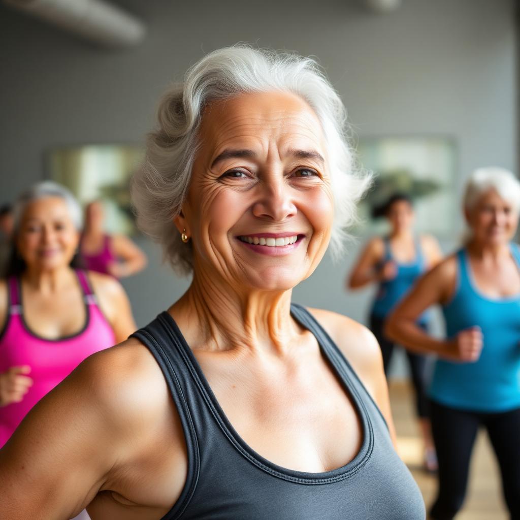 Senior fitness participant smiling after class